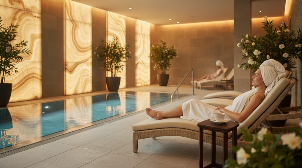 A woman relaxing on a lounge chair by an indoor spa pool, wrapped in a towel with a cup of tea beside her, in a warm, softly lit wellness area.
