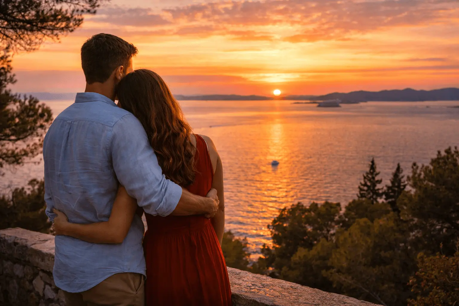 Couple watching the sunset over the Adriatic Sea from a scenic viewpoint on Marjan Hill in Split.