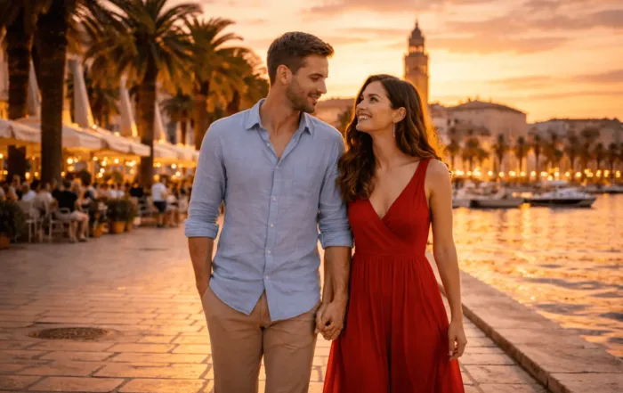 Couple walking along the Split waterfront at sunset, surrounded by palm trees.