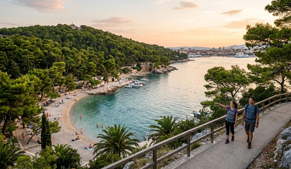 costal-promenade A couple hikes a forested trail on Marjan Hill overlooking Kasjuni Beach at sunset, with the city of Split, Croatia, and the Adriatic Sea in the distance.