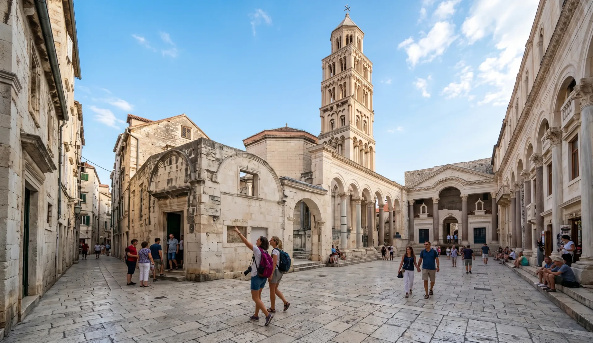 diocletian-palace-&-old-town-historical-walk Tourists exploring the ancient Peristyle courtyard inside Diocletian's Palace in Split, dominated by the historic bell tower of Saint Domnius Cathedral.