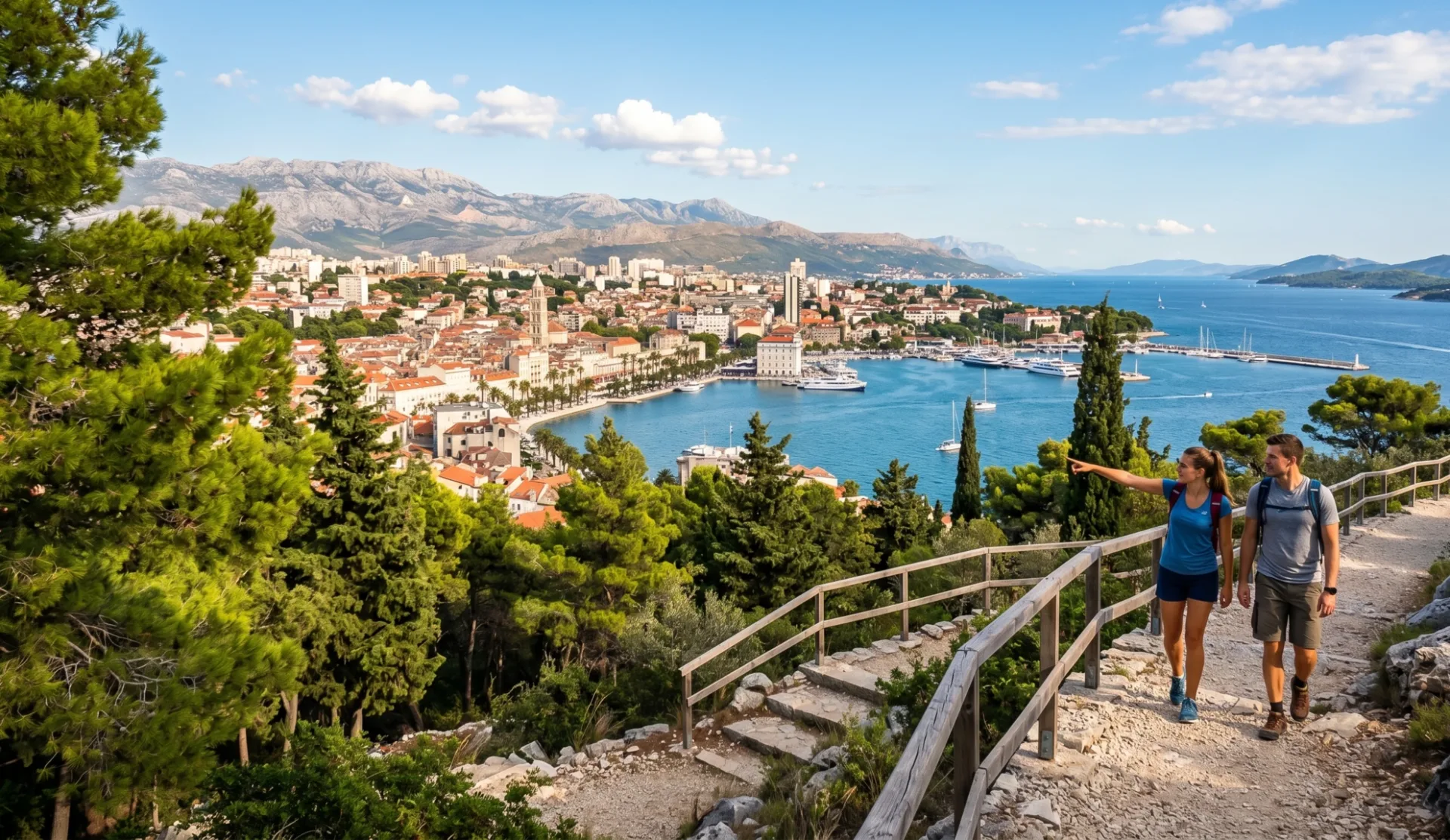 marjan-hill-loop A couple hiking on the Marjan Hill Loop trail, overlooking a panoramic view of Split, the harbor, and distant mountains.