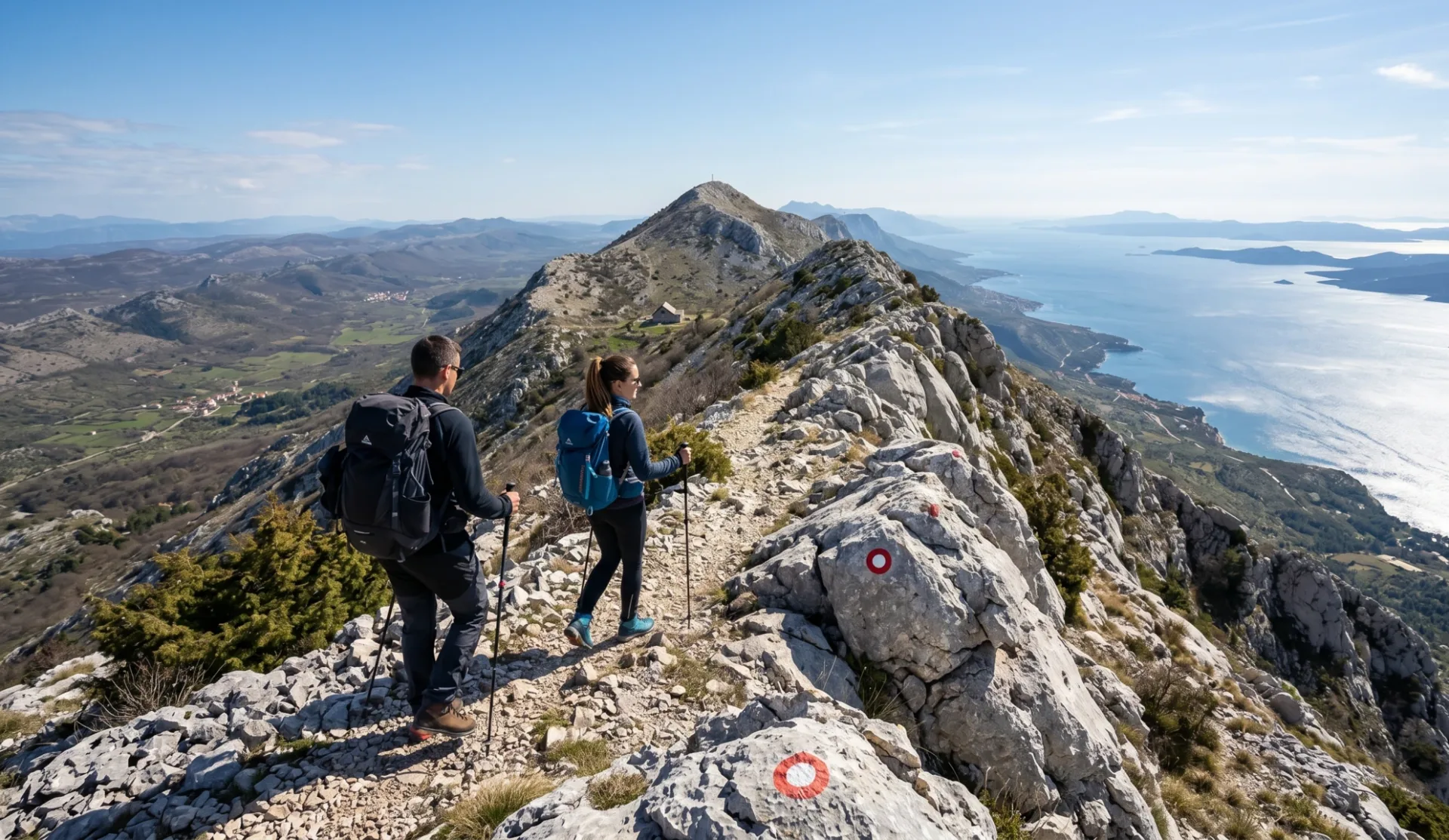 mount-mosor A couple hiking a rocky ridge toward a peak, with views of the Adriatic Sea and islands on one side and the Dalmatian interior on the other.