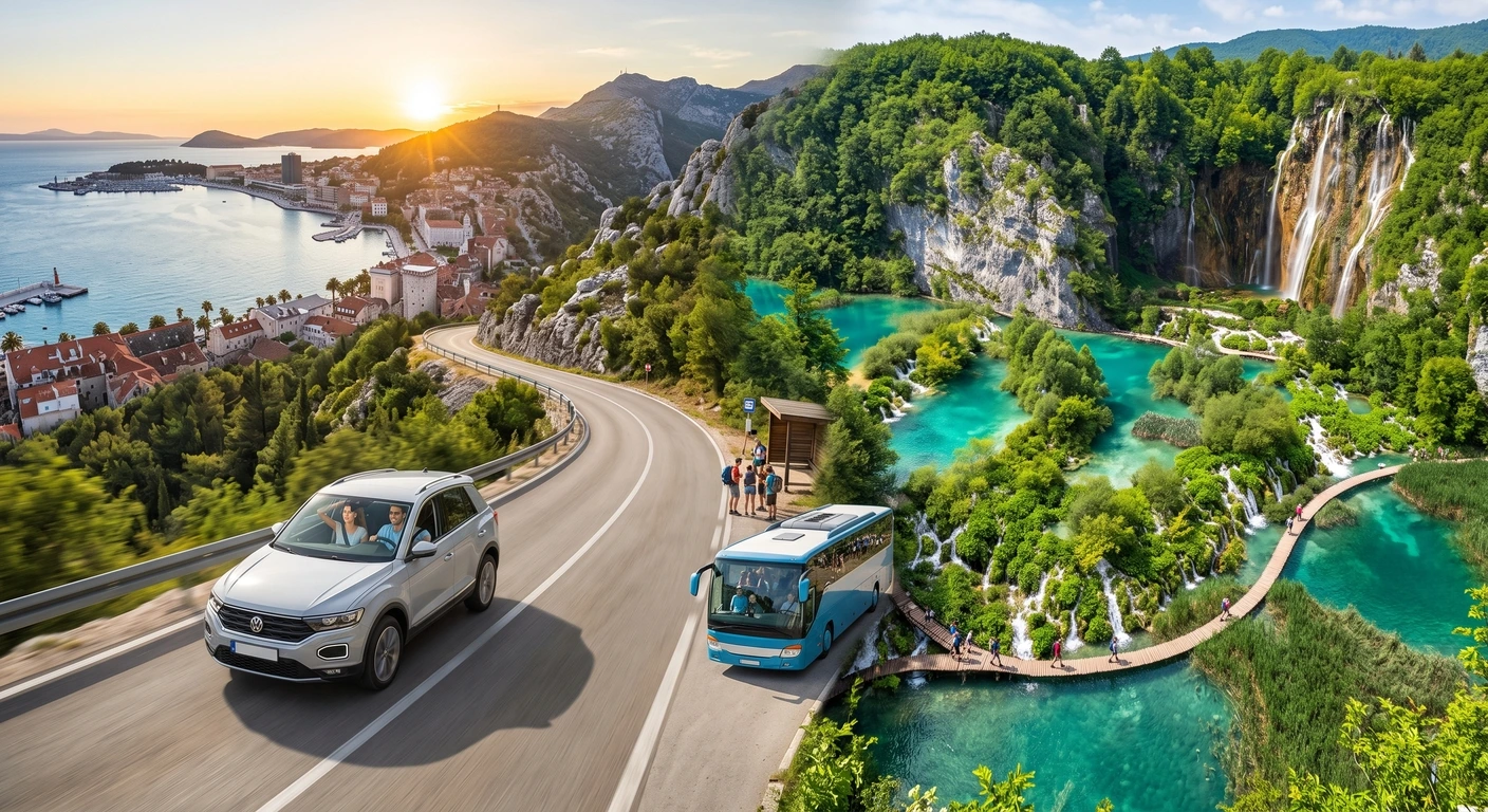 best-way-to-get-to-plitvice-lakes-seagull (2) Car and bus on a scenic road leading to Plitvice Lakes
