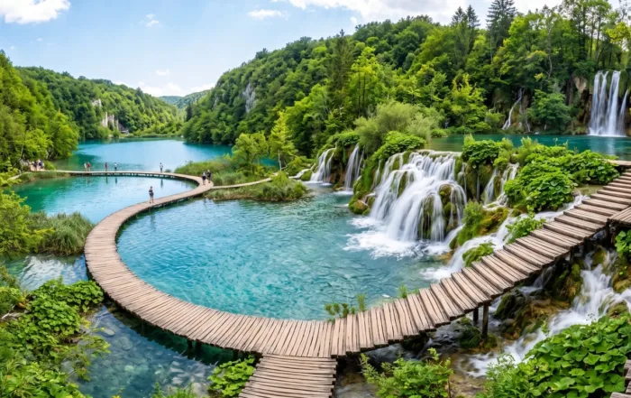 Wooden boardwalk over turquoise lakes and waterfalls at Plitvice
