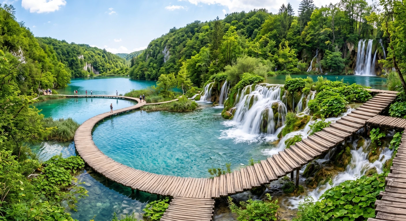 Wooden boardwalk over turquoise lakes and waterfalls at Plitvice