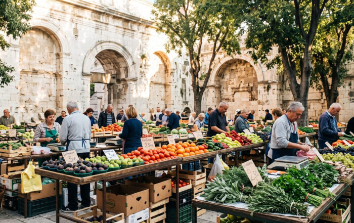 Fresh fruit and vegetables at Pazar green market by Diocletian's Palace in Split