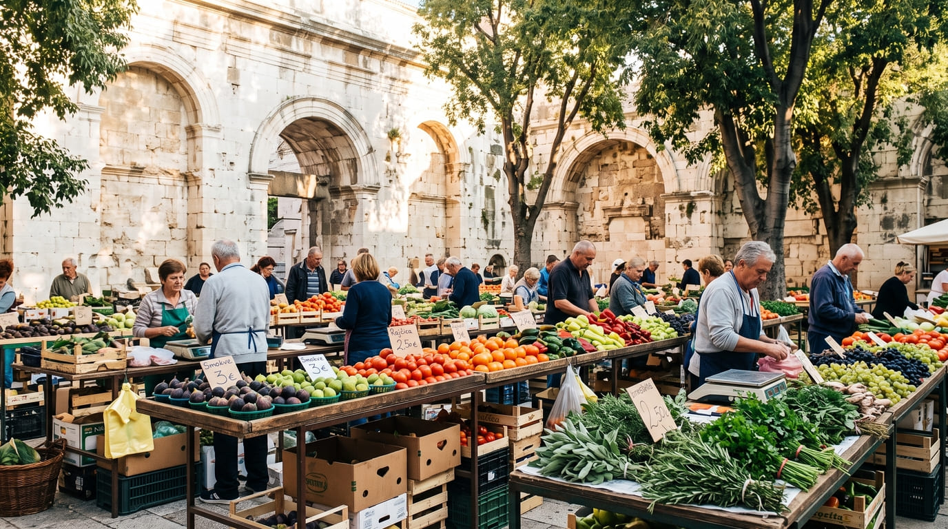 Fresh fruit and vegetables at Pazar green market by Diocletian's Palace in Split